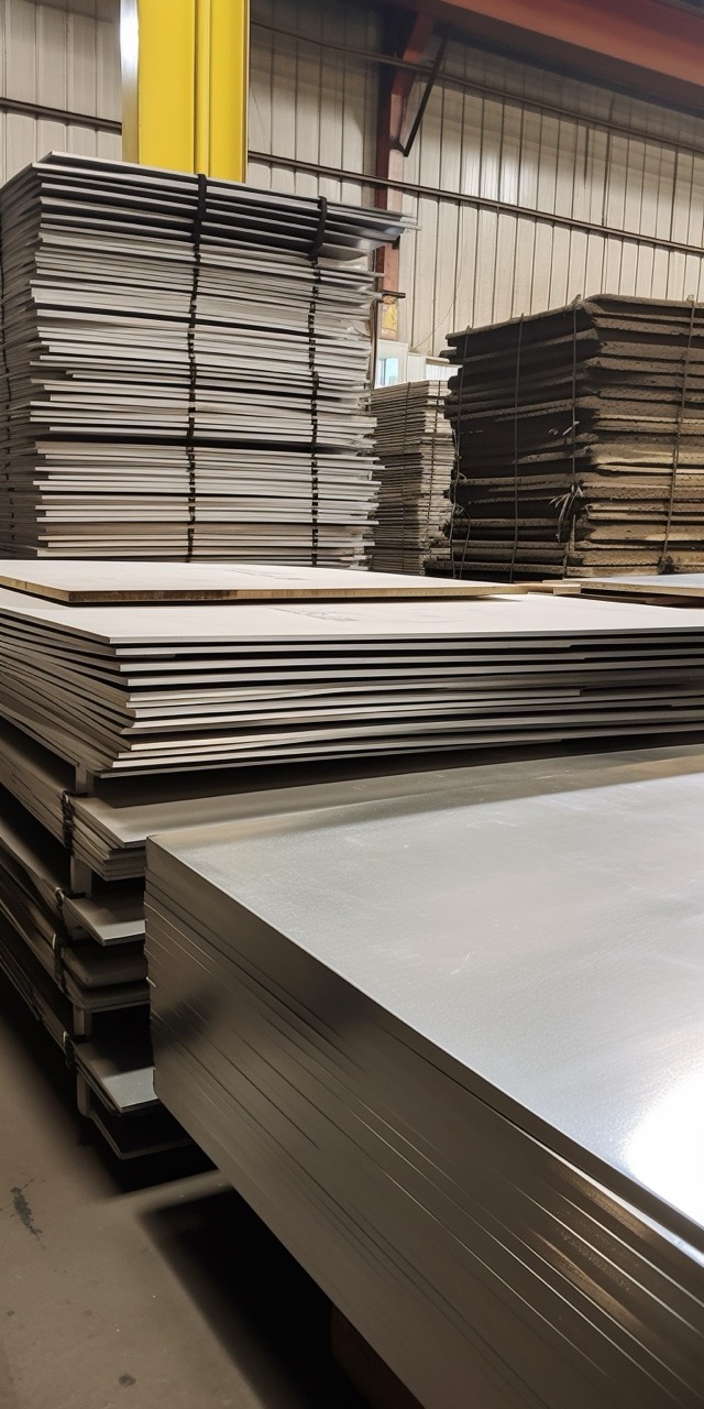 Stacked stainless steel sheets in warehouse